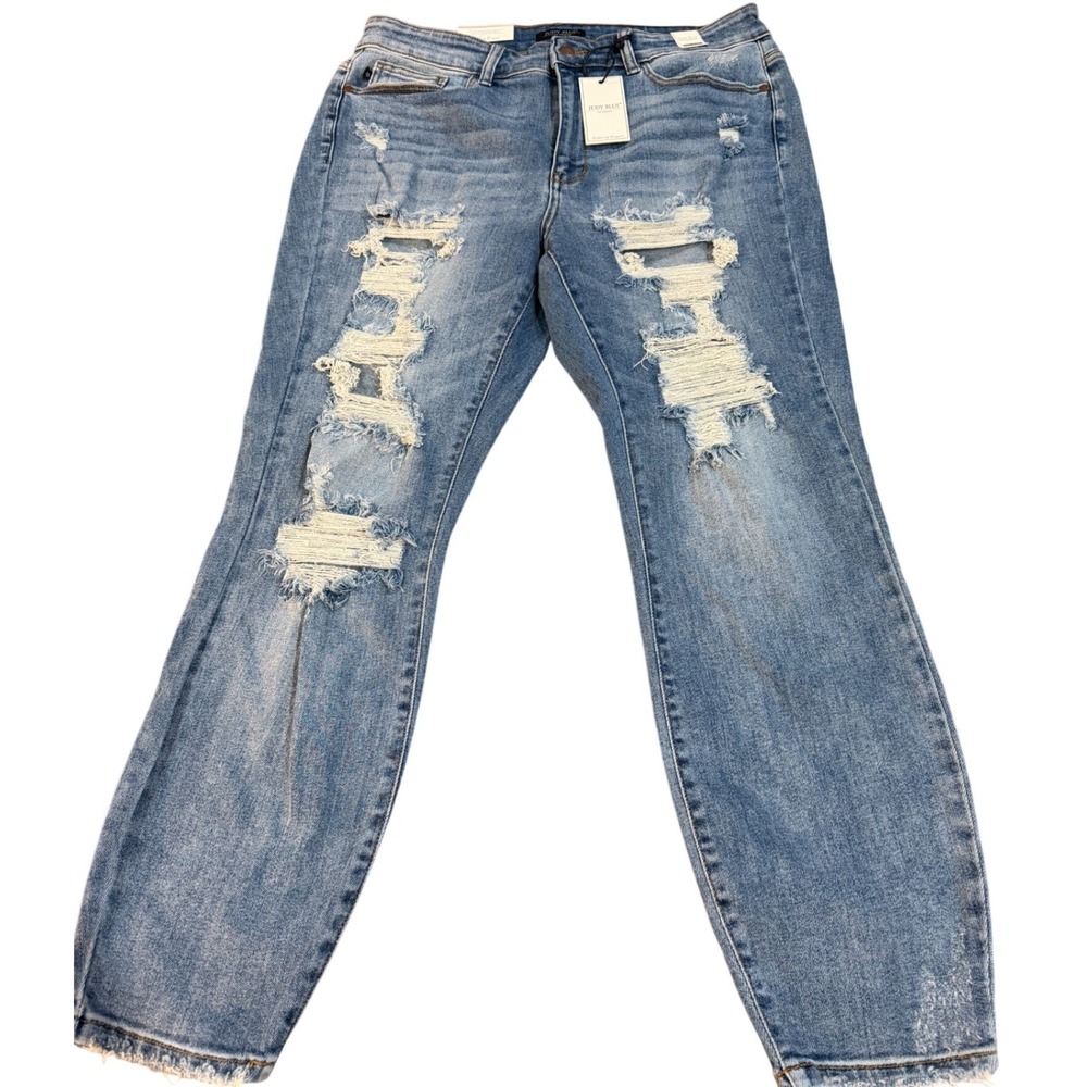 Judy Blue Boyfriend Fit Distressed Jeans High Waist Light Wash 16W JB82170LT